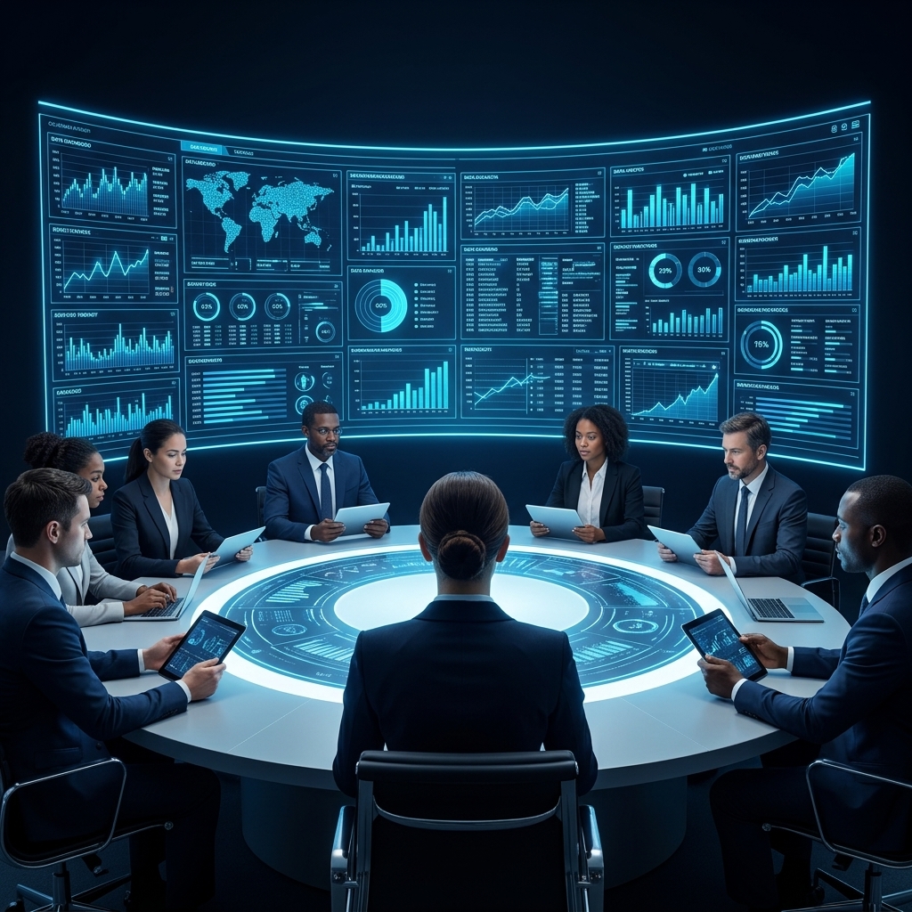 Futuristic round boardroom table holographic curved display dashboard representation